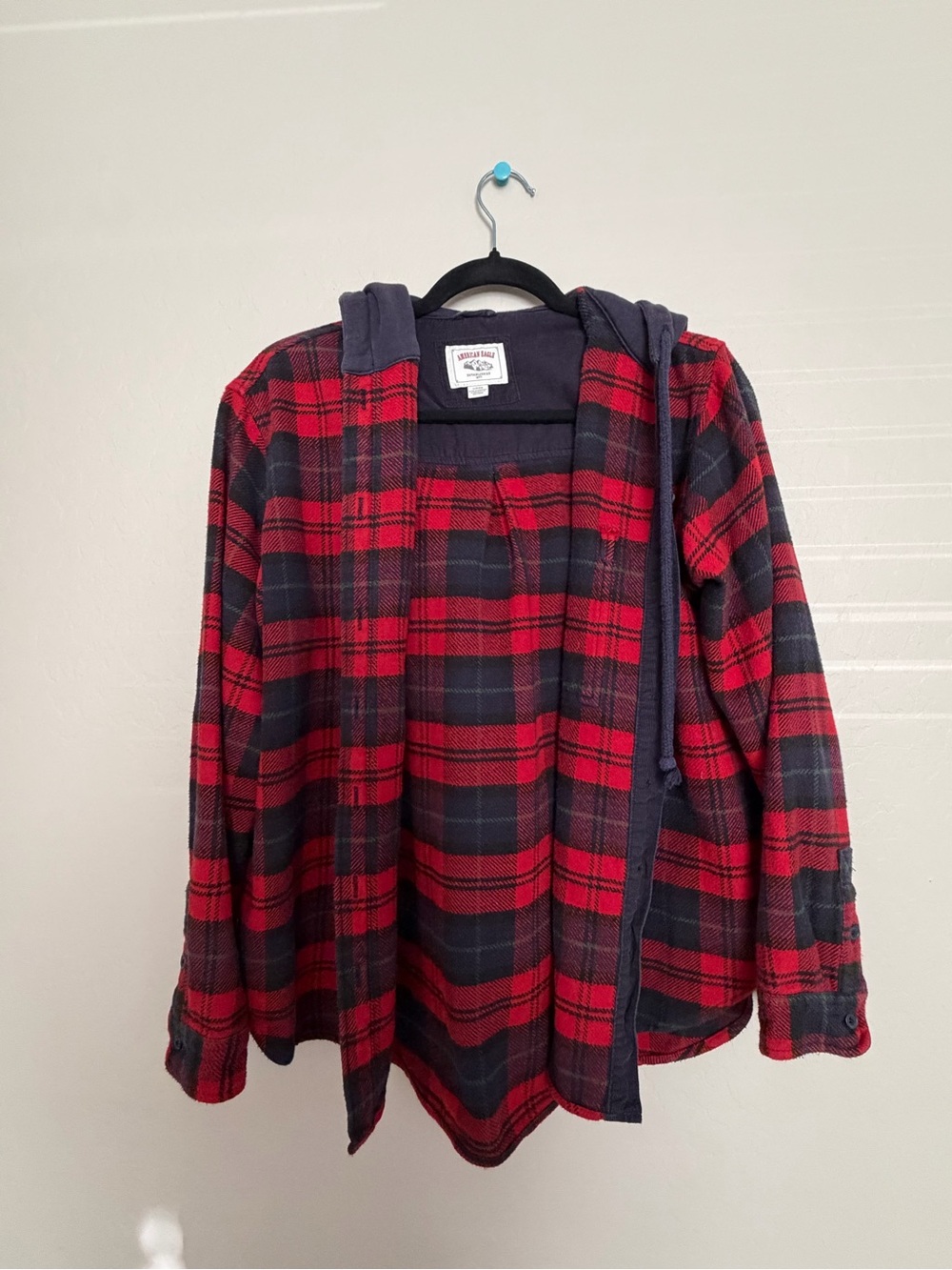 American Eagle Outfitters Red & Black Plaid Hooded Shirt Jacket